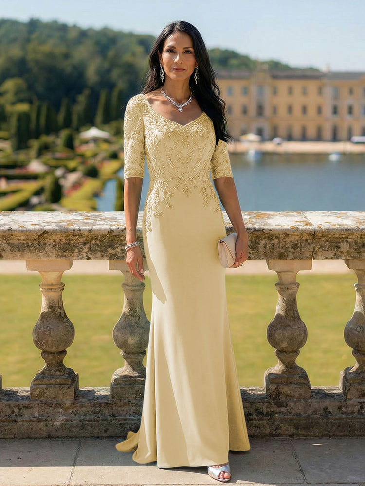 Half Sleeves V Neck Mother of the Bride Dresses with Lace Appliques