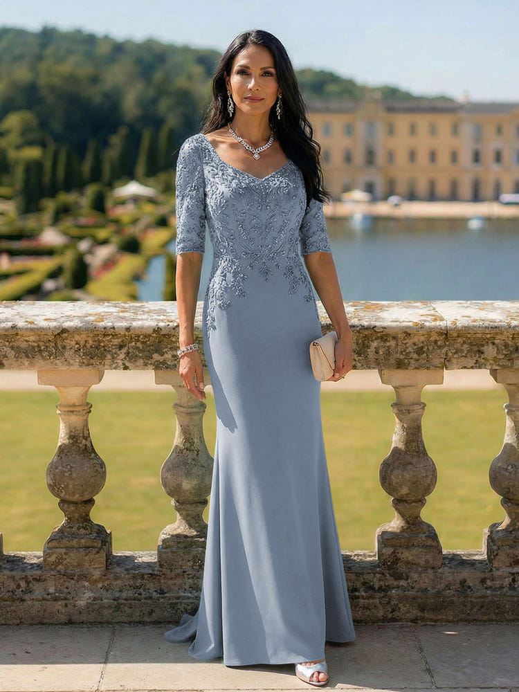 Half Sleeves V Neck Mother of the Bride Dresses with Lace Appliques