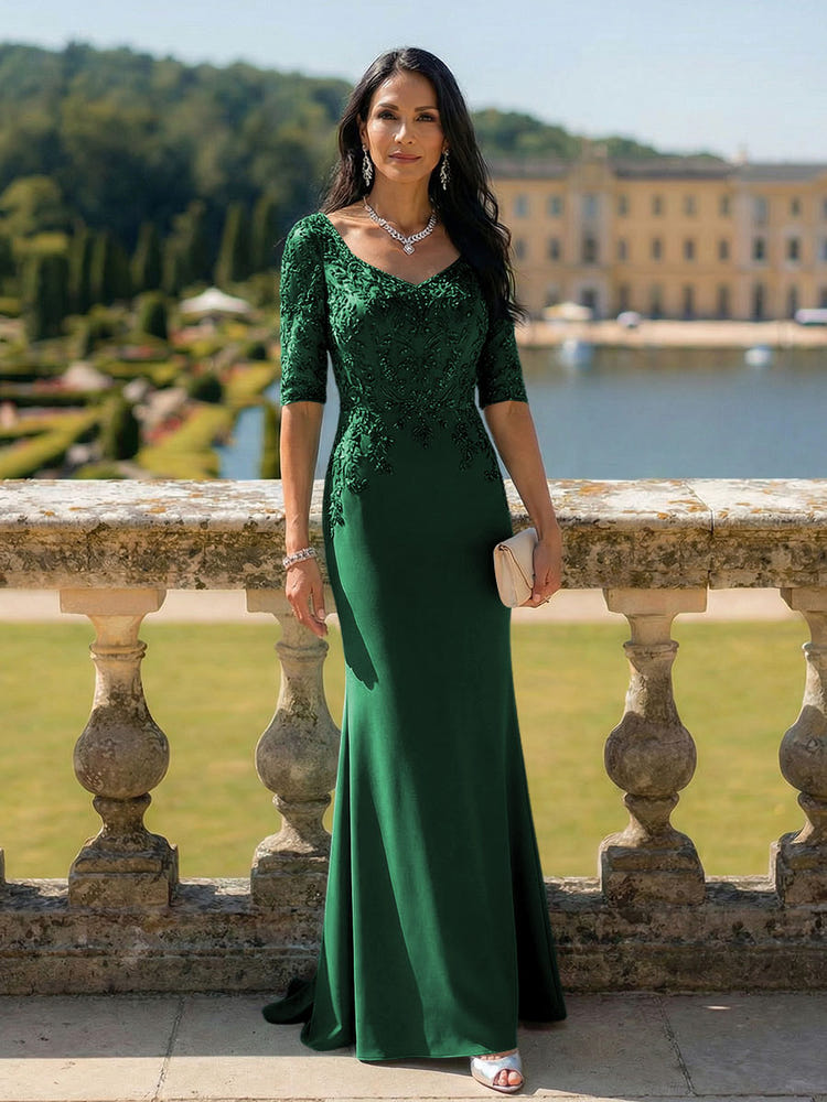 Half Sleeves V Neck Mother of the Bride Dresses with Lace Appliques – Gracins