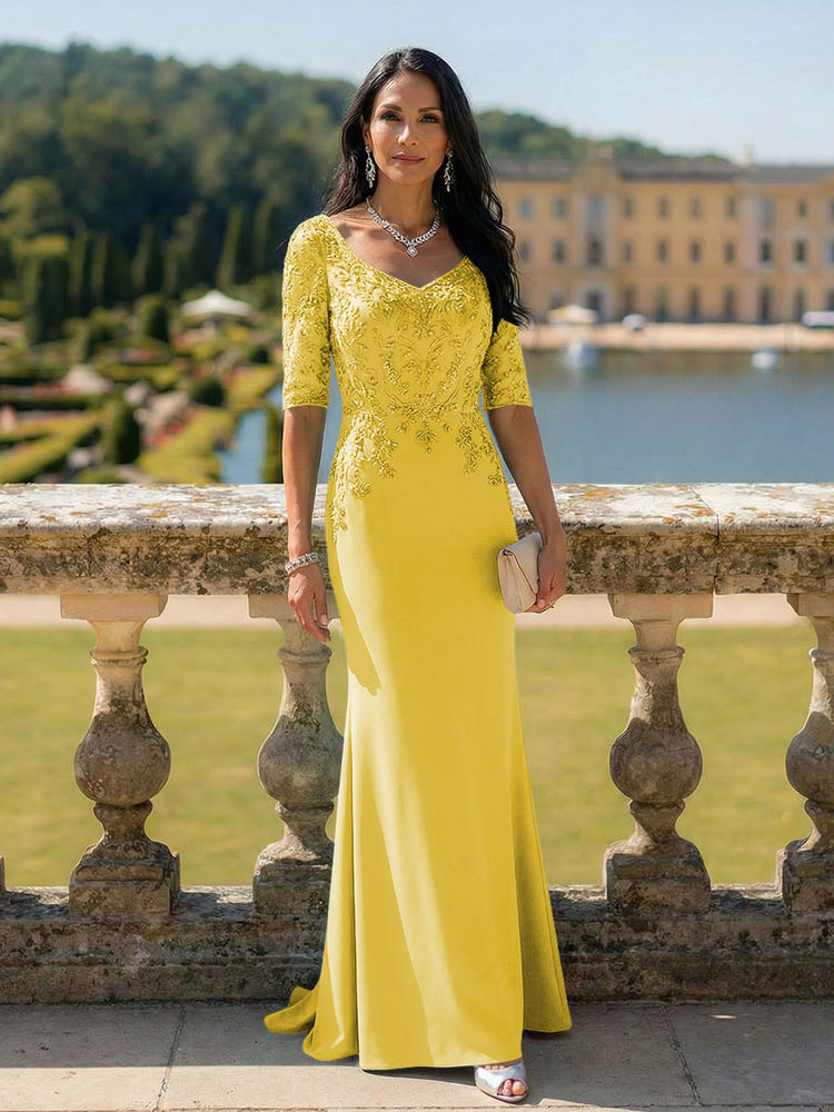 Half Sleeves V Neck Mother of the Bride Dresses with Lace Appliques