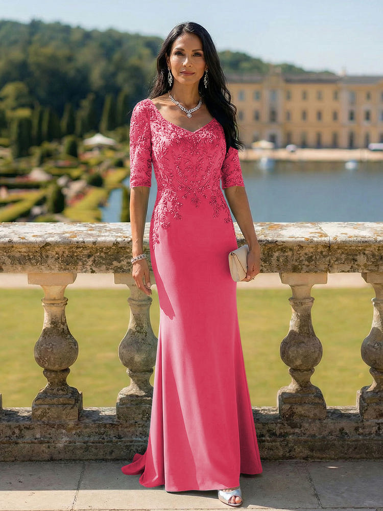 Half Sleeves V Neck Mother of the Bride Dresses with Lace Appliques