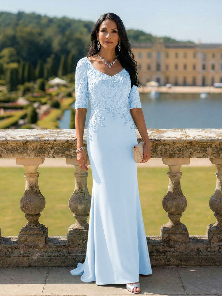 Half Sleeves V Neck Mother of the Bride Dresses with Lace Appliques