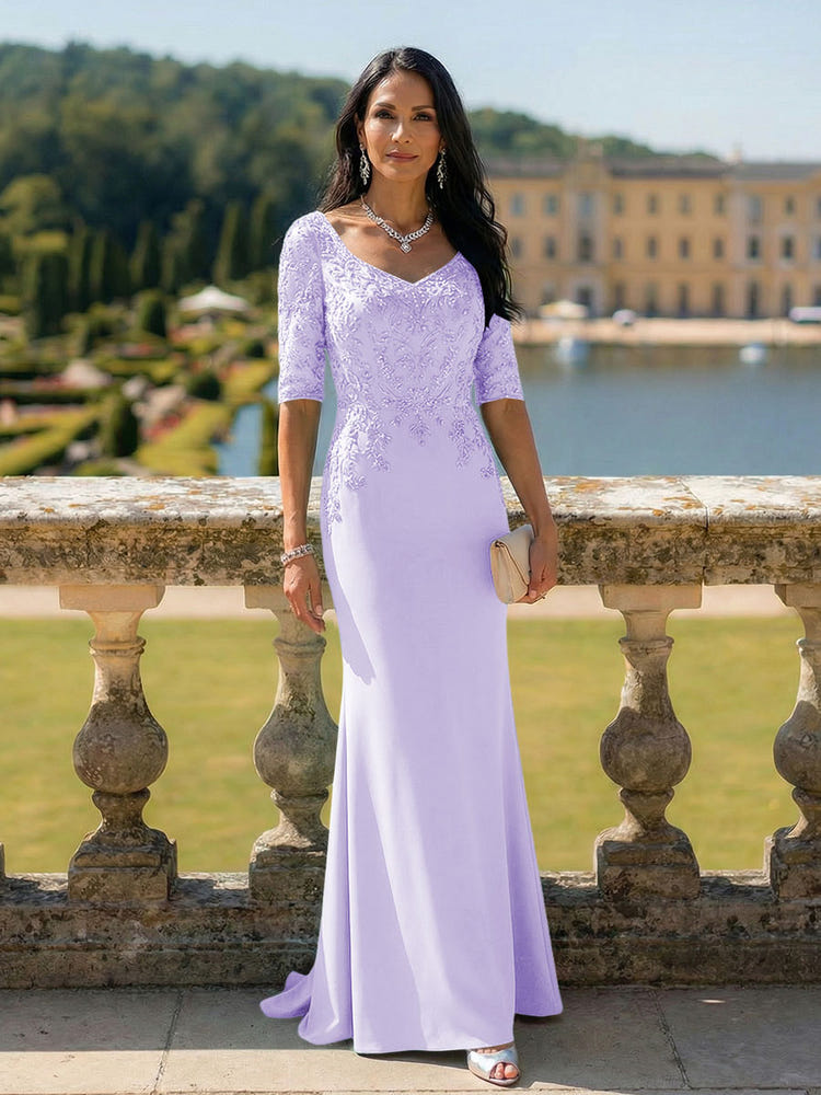 Half Sleeves V Neck Mother of the Bride Dresses with Lace Appliques
