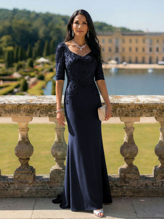 Half Sleeves V Neck Mother of the Bride Dresses with Lace Appliques