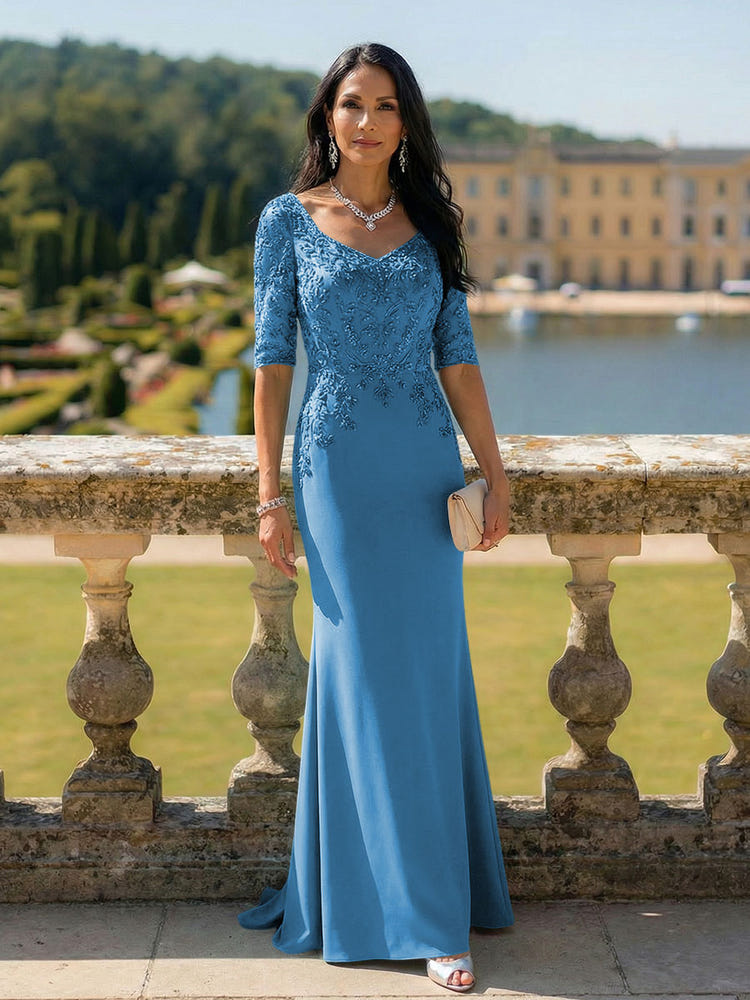 Half Sleeves V Neck Mother of the Bride Dresses with Lace Appliques