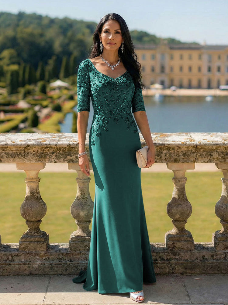 Half Sleeves V Neck Mother of the Bride Dresses with Lace Appliques