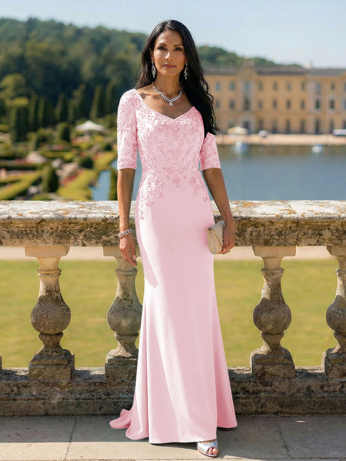 Half Sleeves V Neck Mother of the Bride Dresses with Lace Appliques
