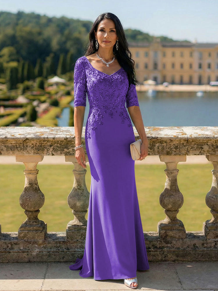 Half Sleeves V Neck Mother of the Bride Dresses with Lace Appliques