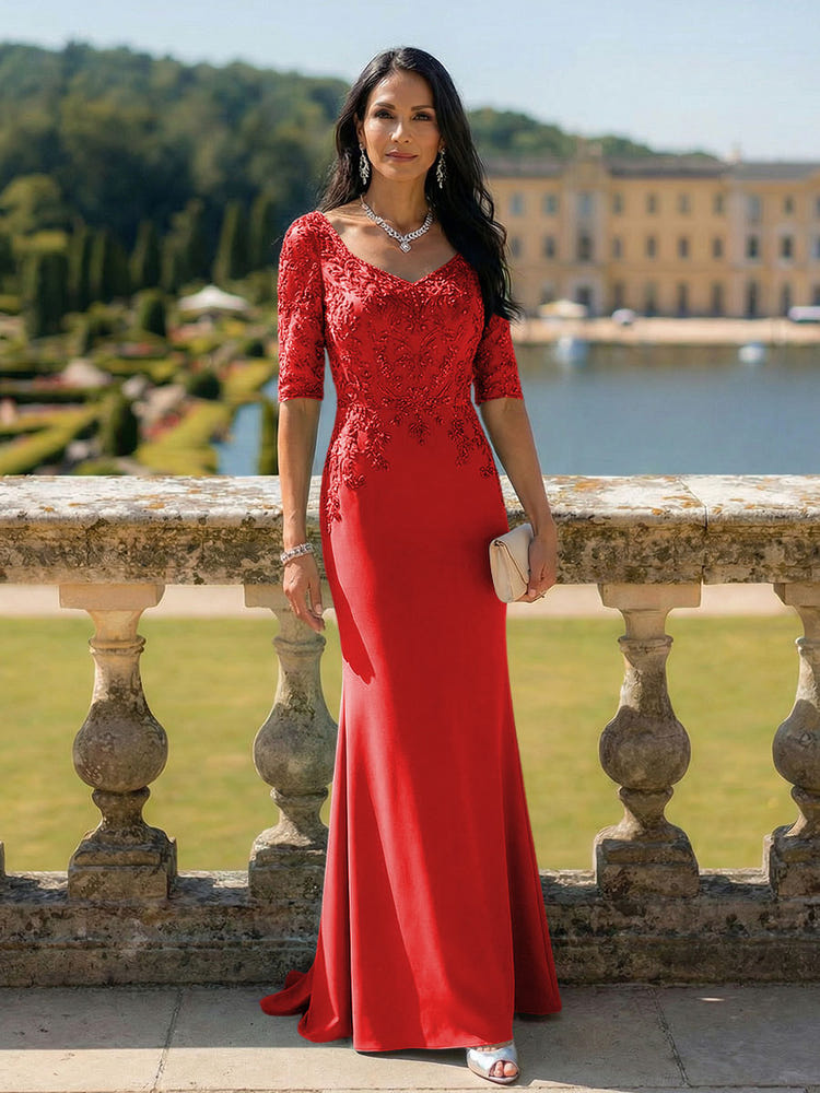 Half Sleeves V Neck Mother of the Bride Dresses with Lace Appliques
