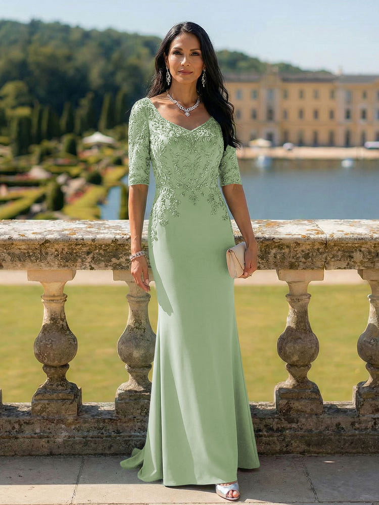 Half Sleeves V Neck Mother of the Bride Dresses with Lace Appliques