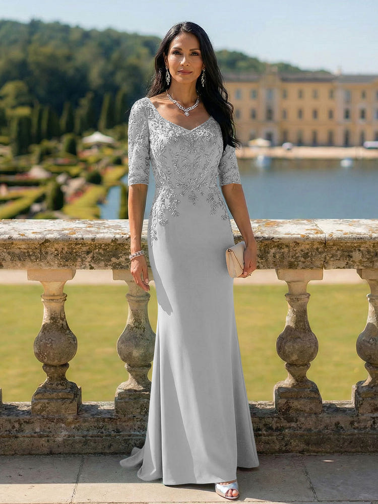 Half Sleeves V Neck Mother of the Bride Dresses with Lace Appliques