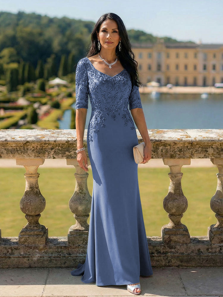 Half Sleeves V Neck Mother of the Bride Dresses with Lace Appliques