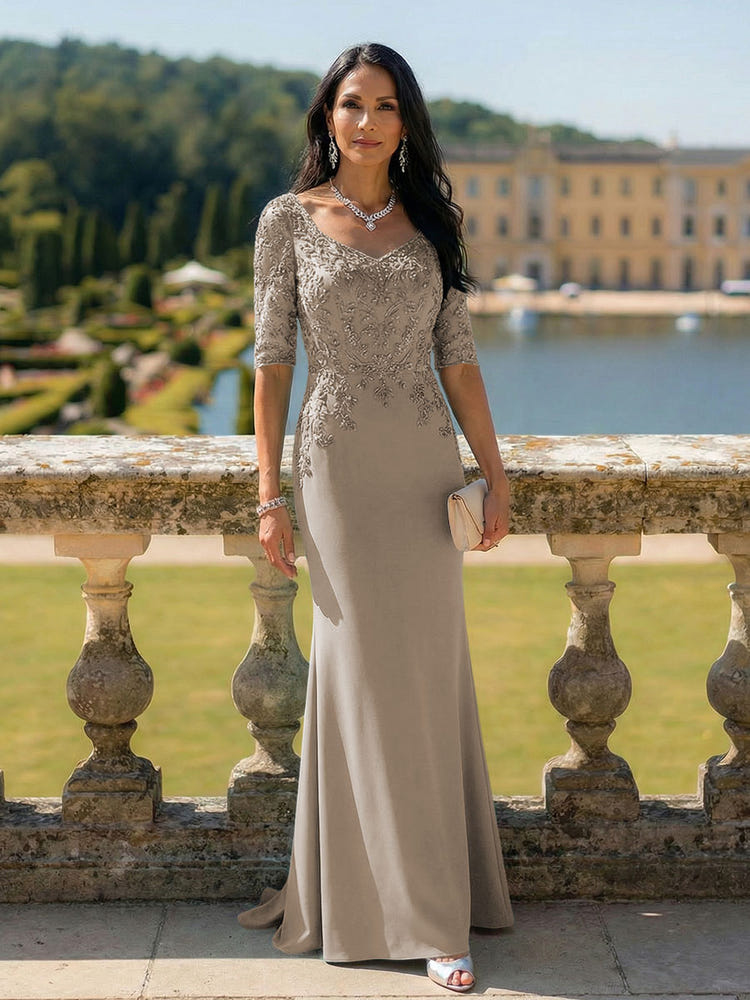 Half Sleeves V Neck Mother of the Bride Dresses with Lace Appliques