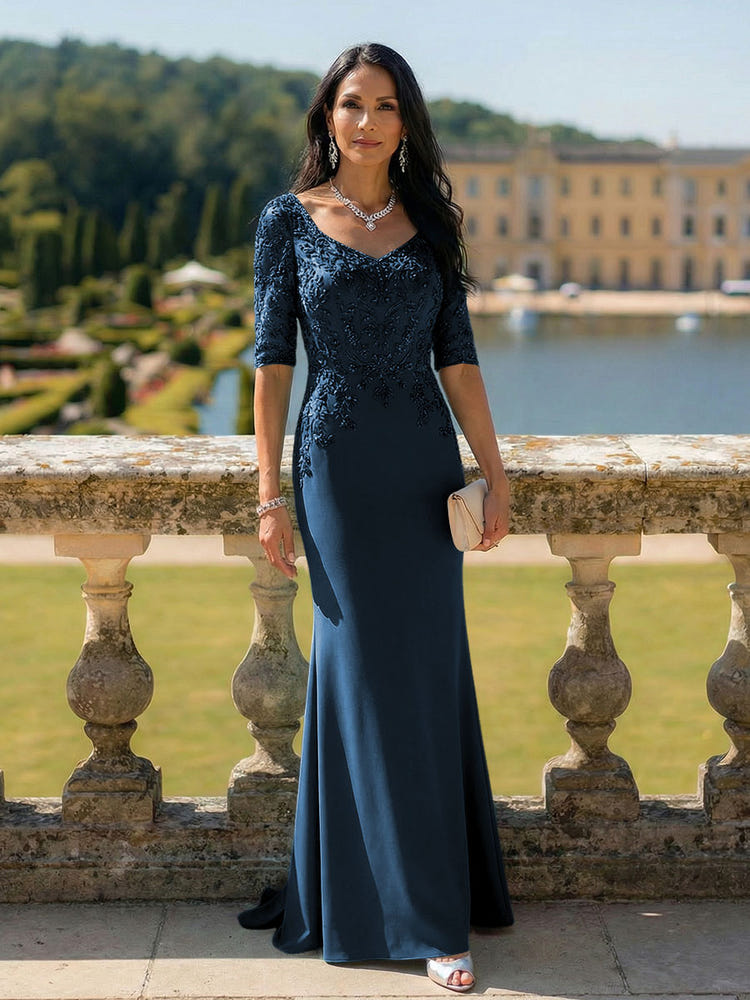 Half Sleeves V Neck Mother of the Bride Dresses with Lace Appliques
