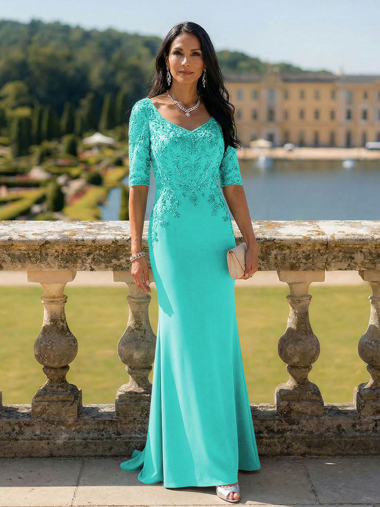 Half Sleeves V Neck Mother of the Bride Dresses with Lace Appliques