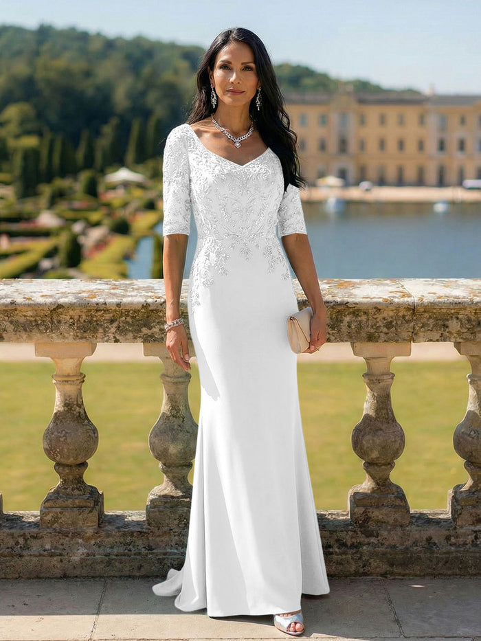 Half Sleeves V Neck Mother of the Bride Dresses with Lace Appliques