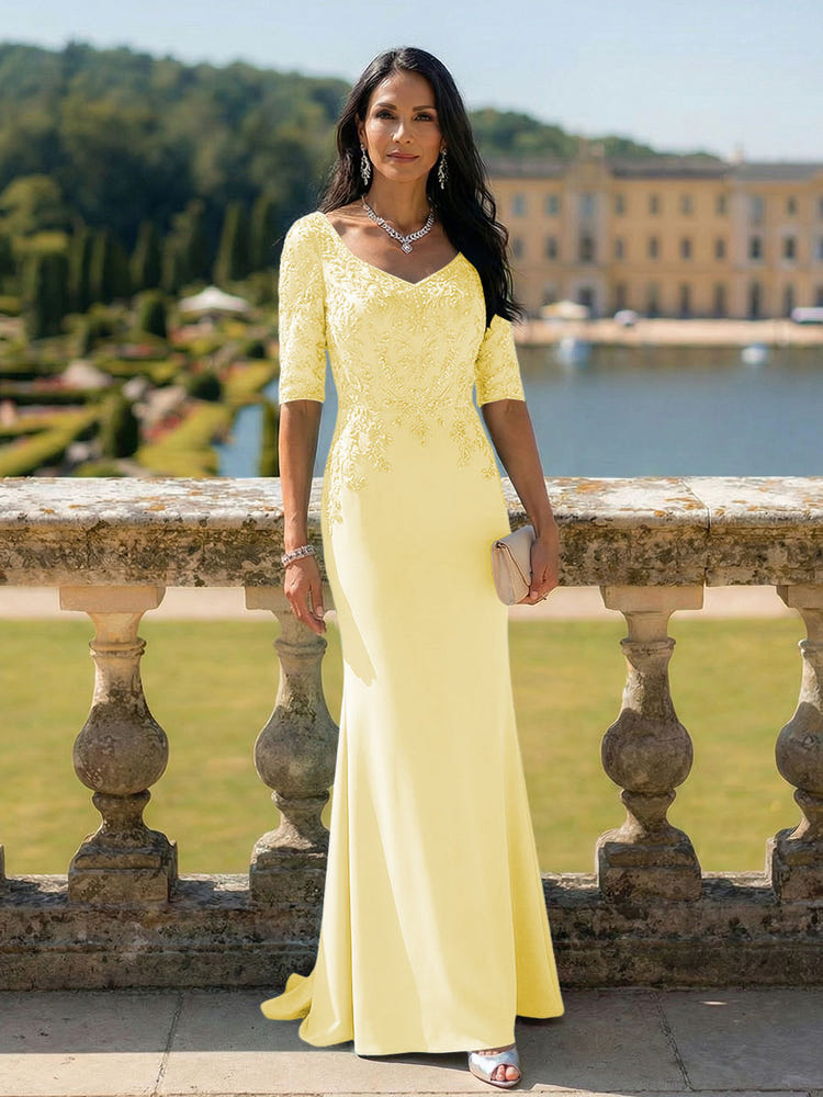 Half Sleeves V Neck Mother of the Bride Dresses with Lace Appliques