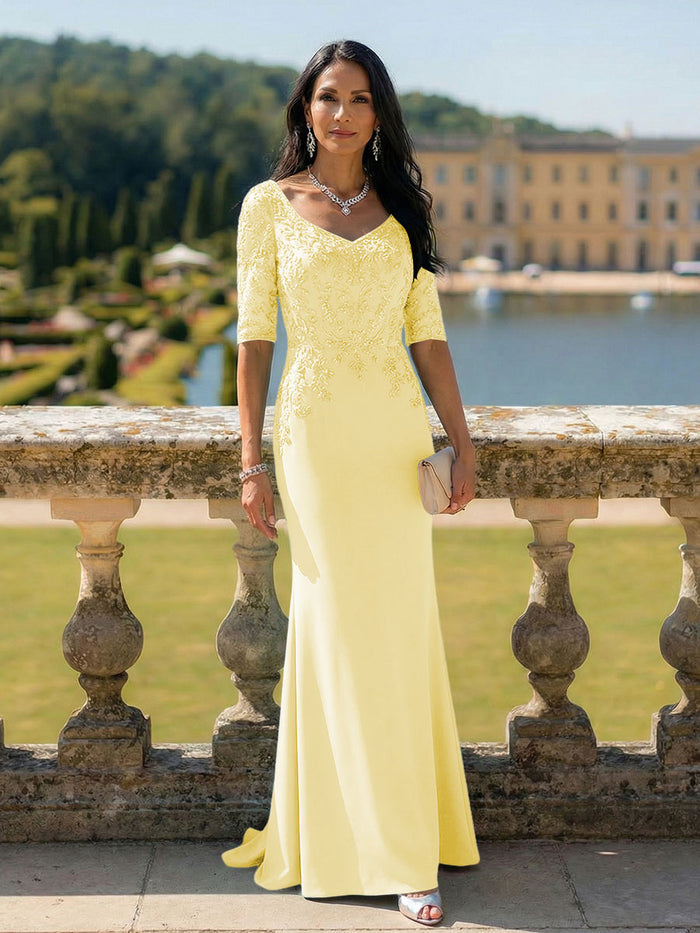 Half Sleeves V Neck Mother of the Bride Dresses with Lace Appliques