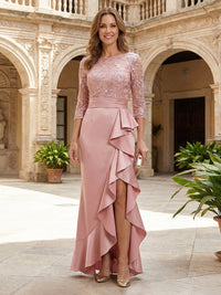 Round Neck Satin Mother of the Bride Dresses with Sleeves