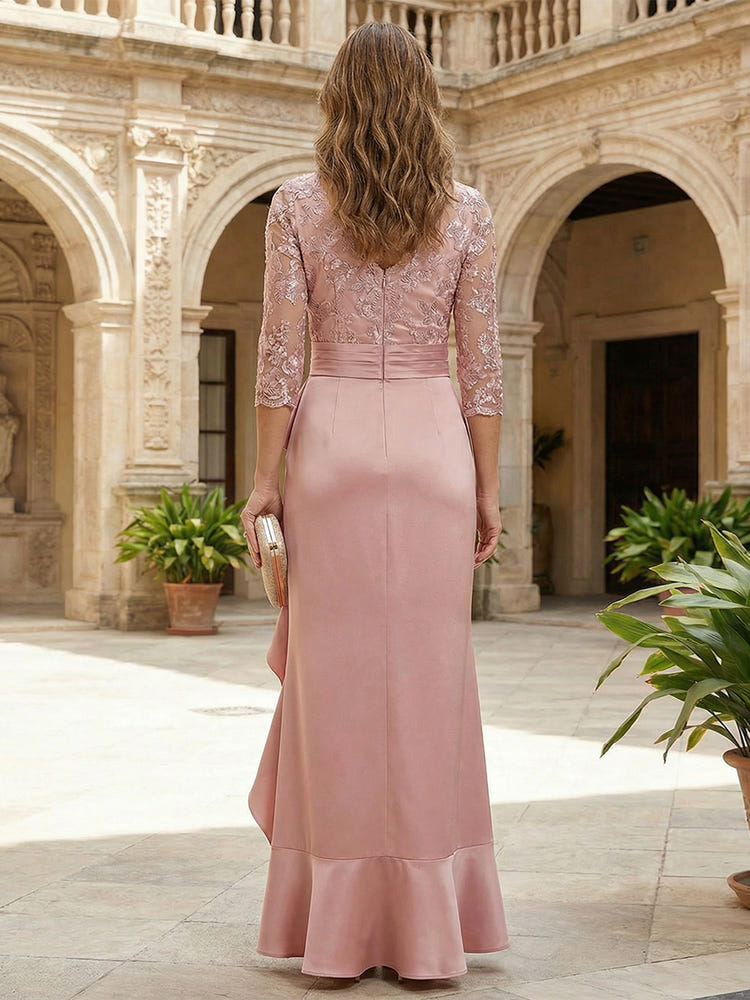 Round Neck Satin Mother of the Bride Dresses with Sleeves