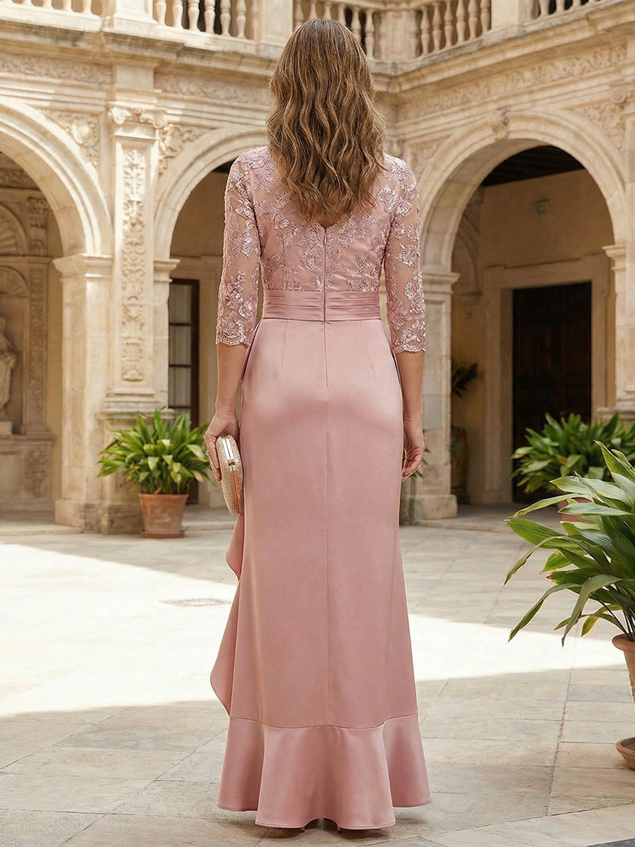 Round Neck Satin Mother of the Bride Dresses with Sleeves