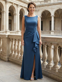 Round Neck Satin Mother of the Bride Dresses with Slit