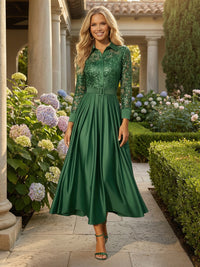 V Neck Satin Mother of the Bride Dresses with Lace Appliques