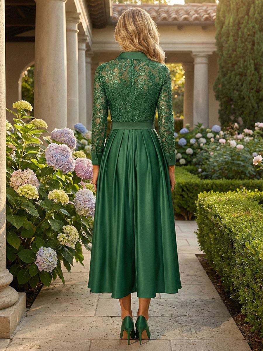 V Neck Satin Mother of the Bride Dresses with Lace Appliques