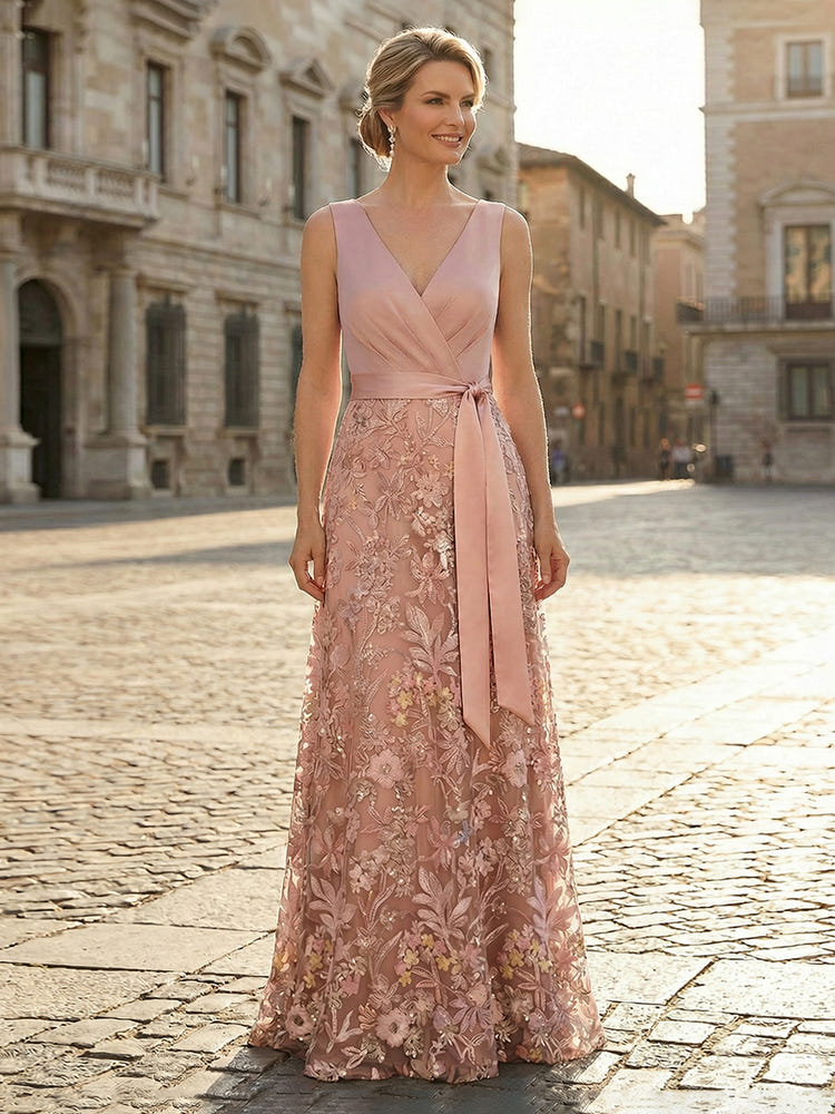 2026 Sequin Jacquard Mother of the Bride Dresses with Sash Floral Pink V-Neck A-Line Satin Evening Formal Dresses for Wedding