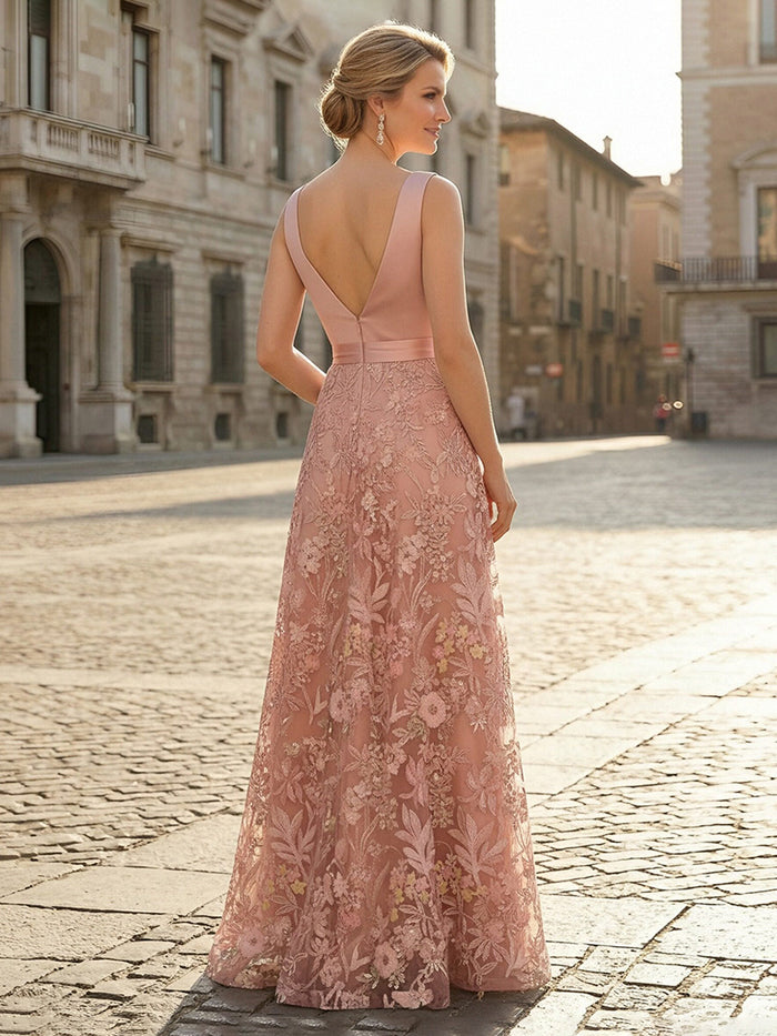 V Neck Satin Mother of the Bride Dresses with Lace Appliques