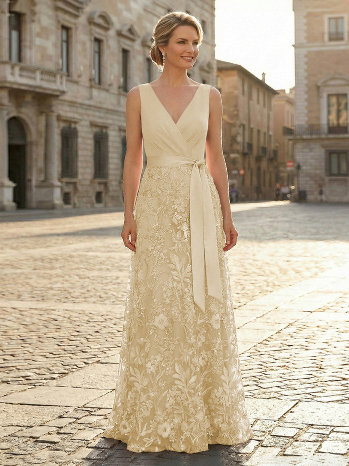 V Neck Satin Mother of the Bride Dresses with Lace Appliques