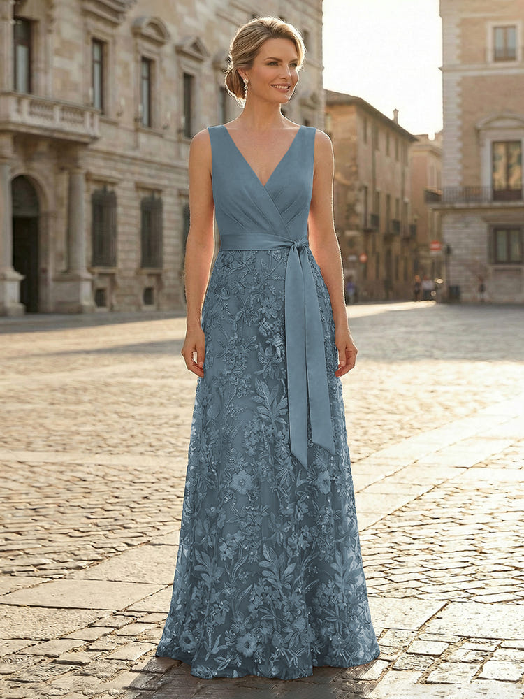 V Neck Satin Mother of the Bride Dresses with Lace Appliques
