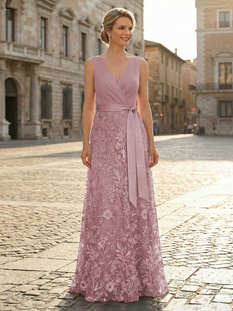 V Neck Satin Mother of the Bride Dresses with Lace Appliques