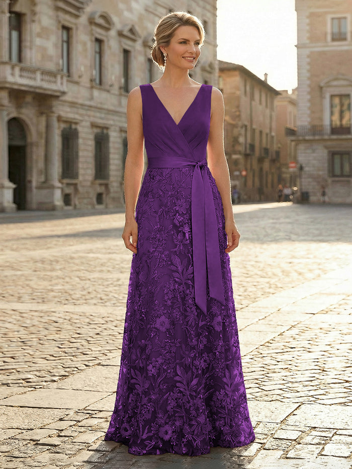 V Neck Satin Mother of the Bride Dresses with Lace Appliques