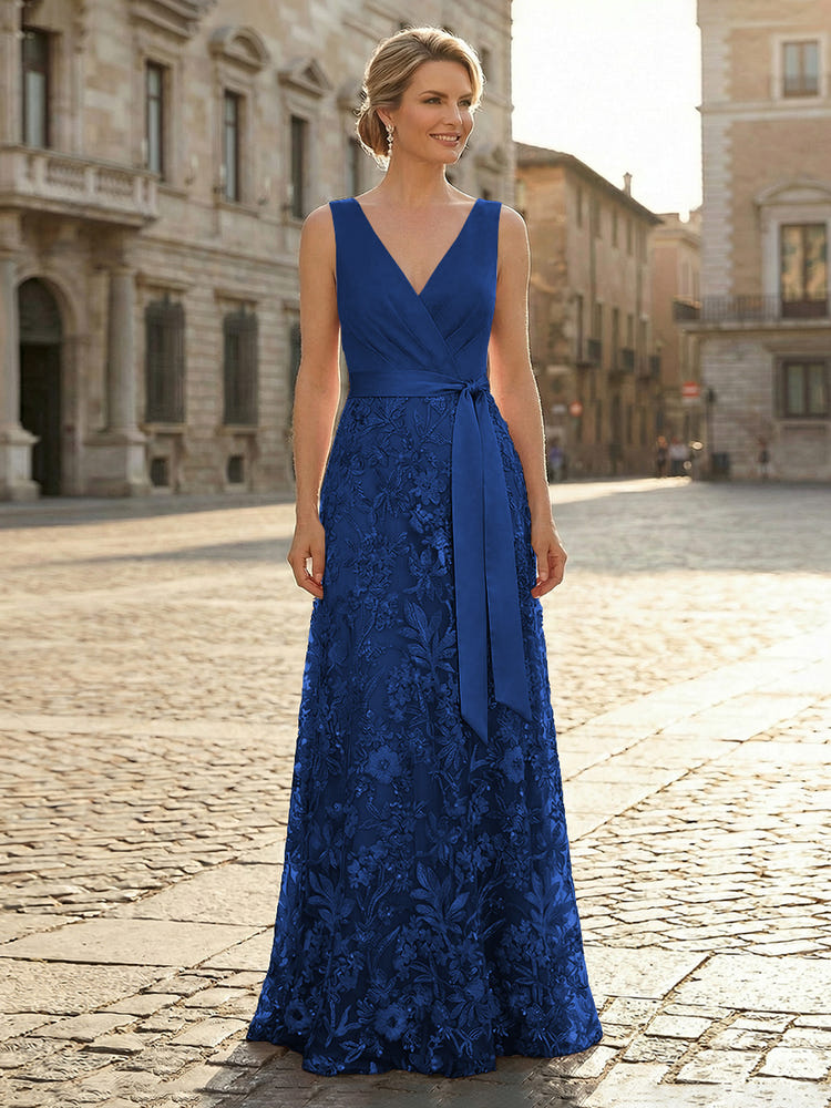 V Neck Satin Mother of the Bride Dresses with Lace Appliques