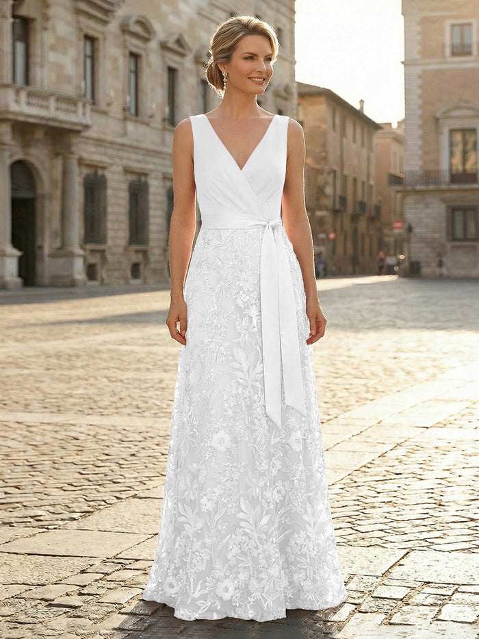 V Neck Satin Mother of the Bride Dresses with Lace Appliques