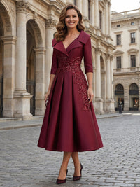 V Neck Satin Mother of the Bride Dresses with Sleeves