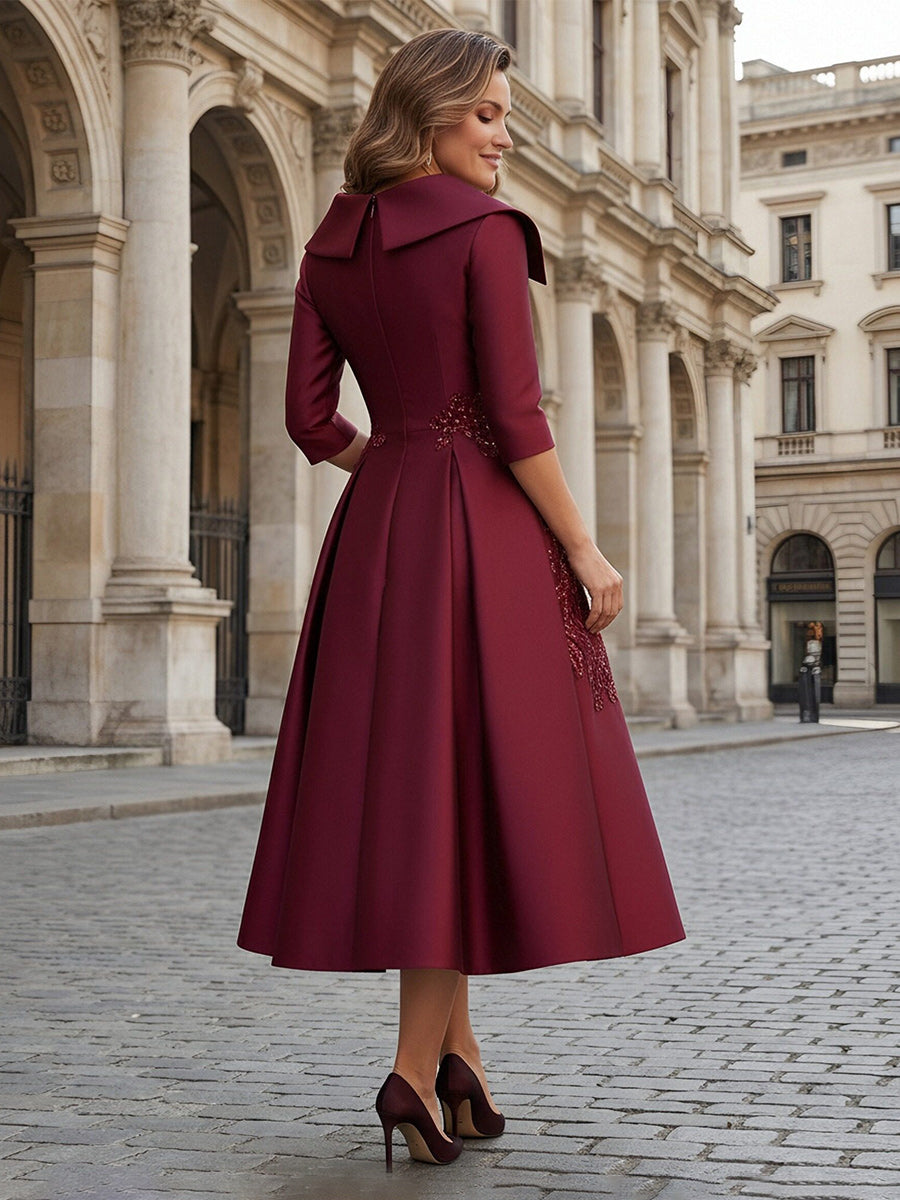 V Neck Satin Mother of the Bride Dresses with Sleeves