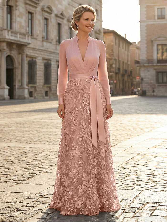 V Neck Satin Mother of the Bride Dresses with Lace Appliques