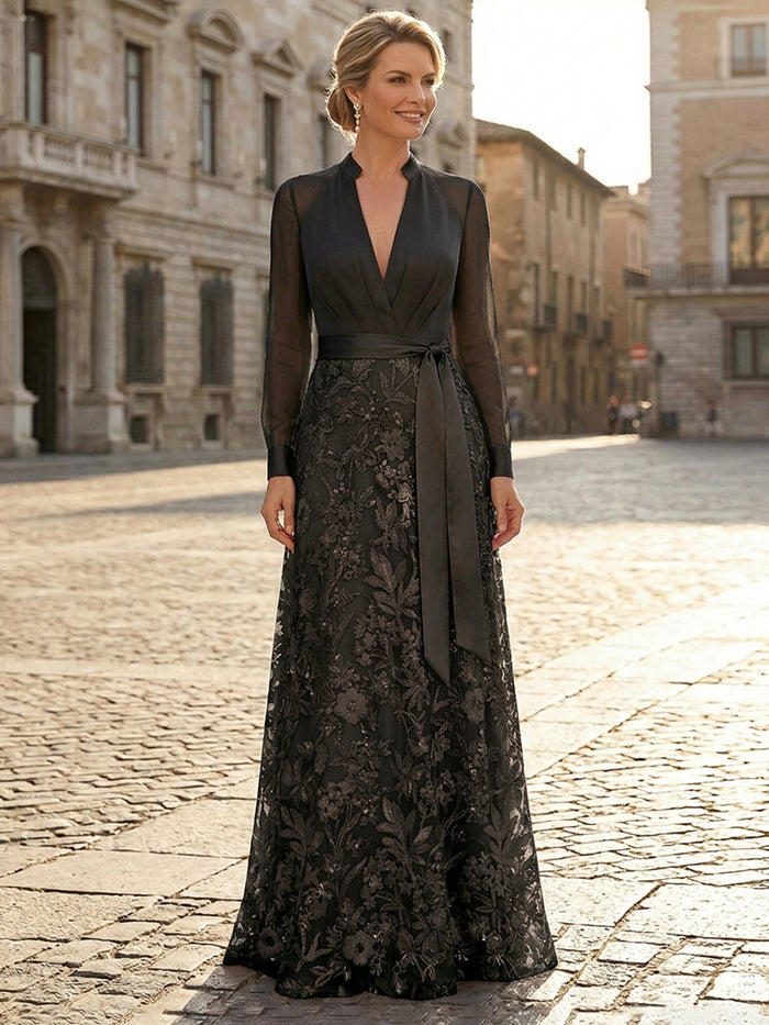 V Neck Satin Mother of the Bride Dresses with Lace Appliques