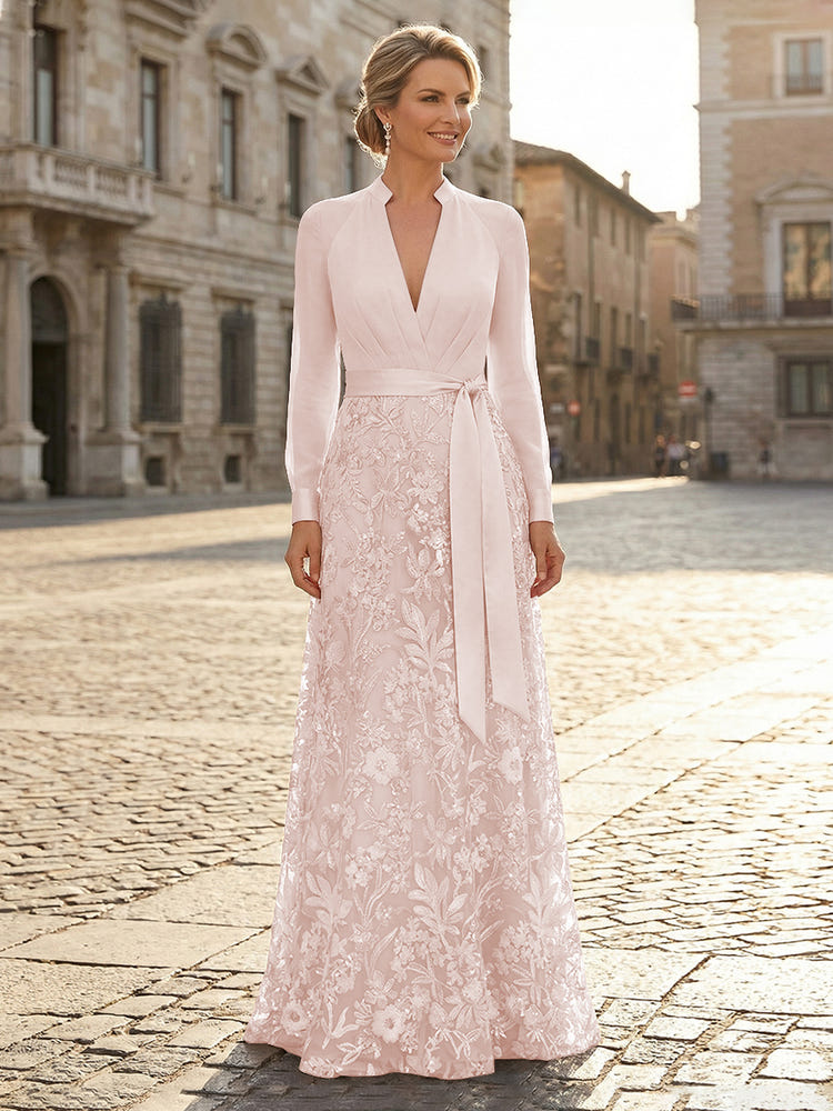 V Neck Satin Mother of the Bride Dresses with Lace Appliques