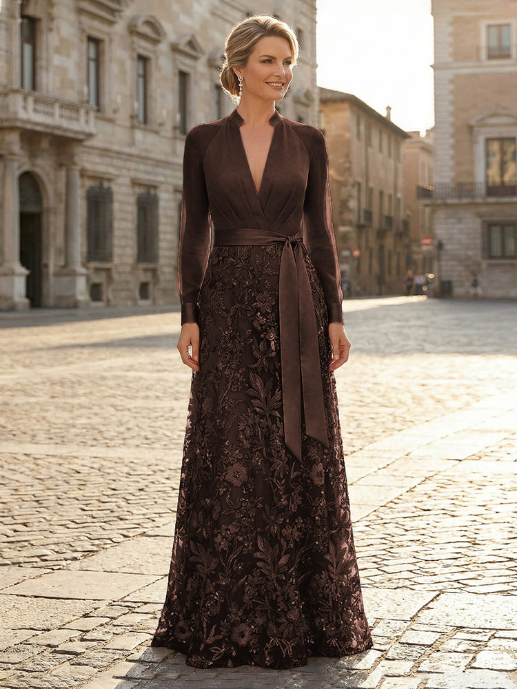 V Neck Satin Mother of the Bride Dresses with Lace Appliques