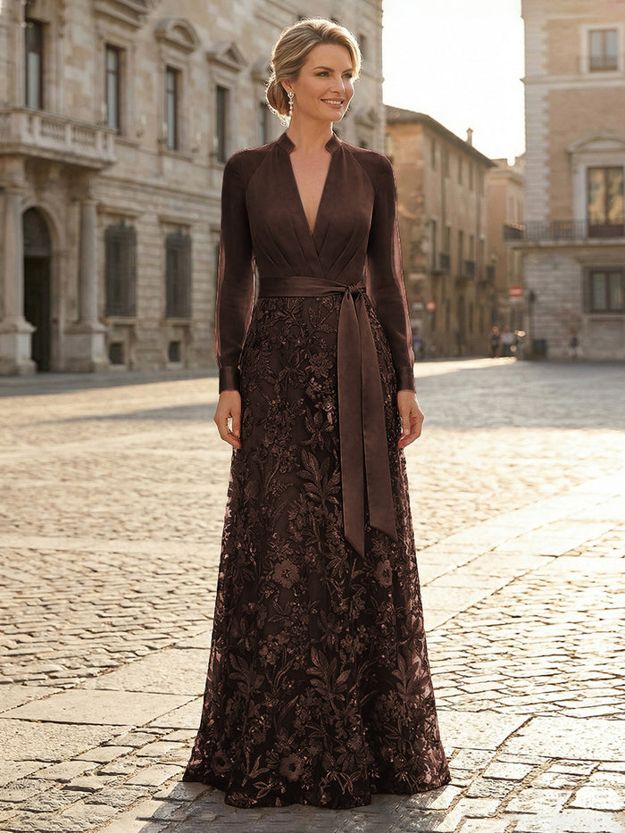V Neck Satin Mother of the Bride Dresses with Lace Appliques