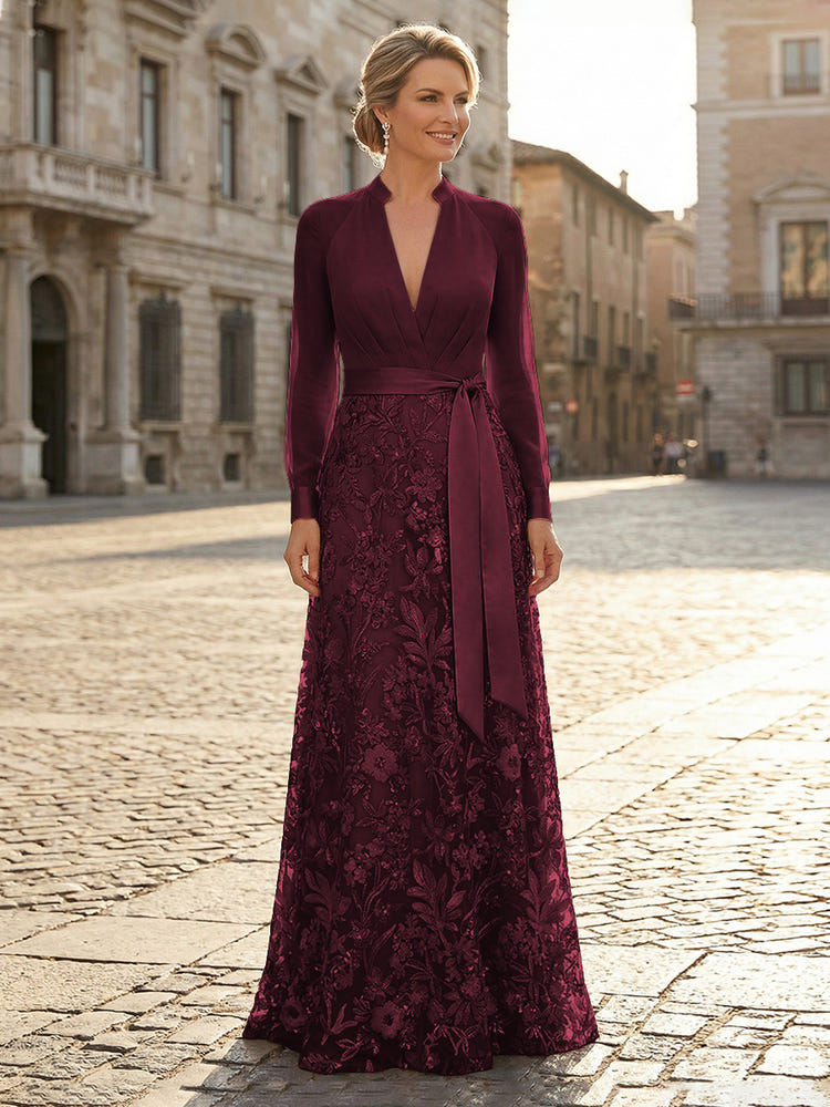 V Neck Satin Mother of the Bride Dresses with Lace Appliques