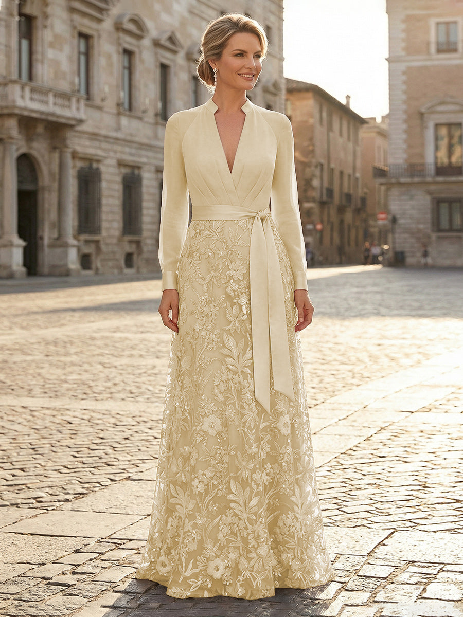 V Neck Satin Mother of the Bride Dresses with Lace Appliques