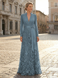 V Neck Satin Mother of the Bride Dresses with Lace Appliques