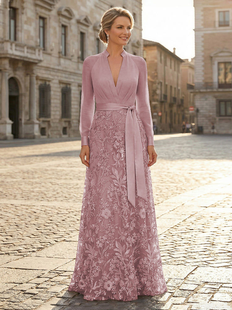 V Neck Satin Mother of the Bride Dresses with Lace Appliques
