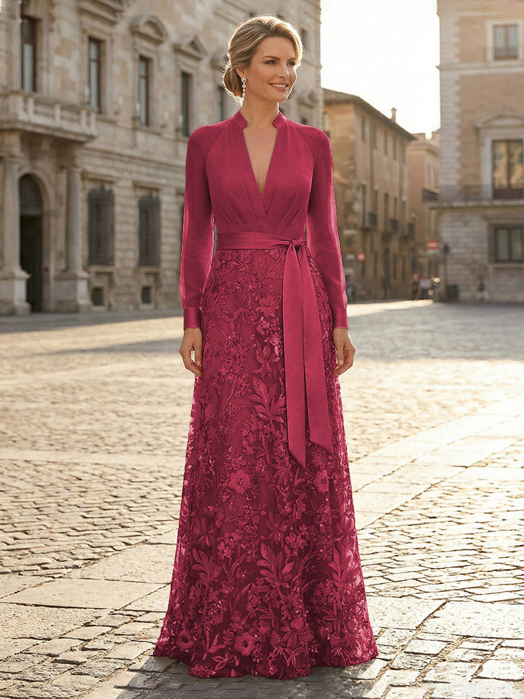 V Neck Satin Mother of the Bride Dresses with Lace Appliques