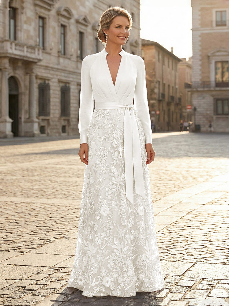 V Neck Satin Mother of the Bride Dresses with Lace Appliques