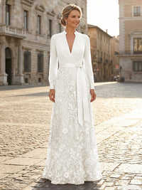V Neck Satin Mother of the Bride Dresses with Lace Appliques